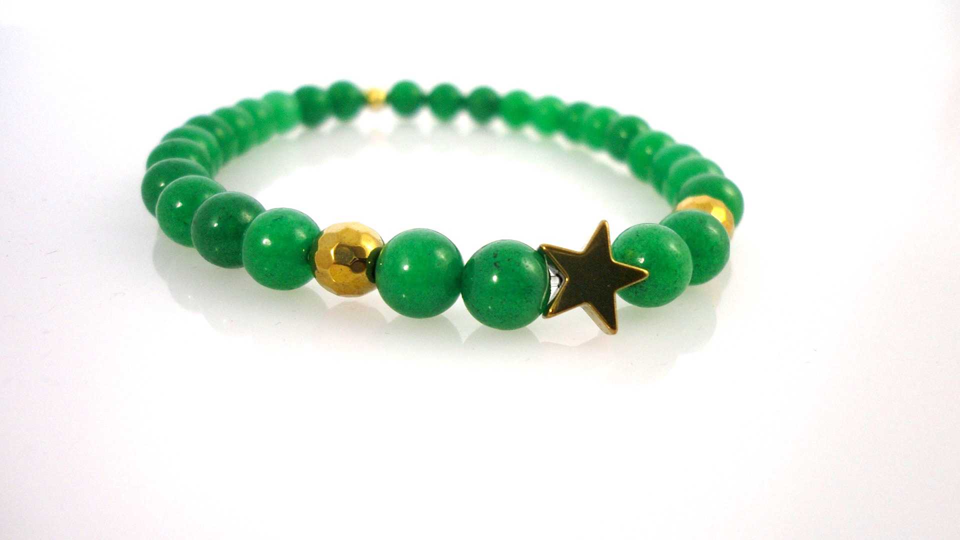 Woman's bracelet - Emerald Green Quartzite with gold Haematite star and ...